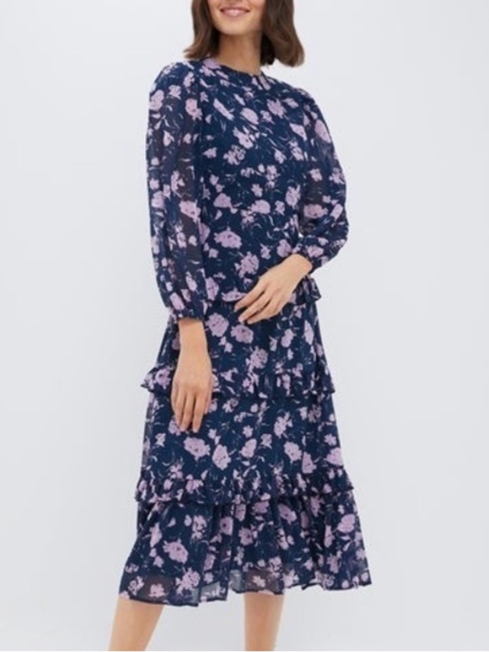 NWT Tuckernuck Hyacinth House Rosalind Ruffle Navy & Blush Abstract Midi Dress M